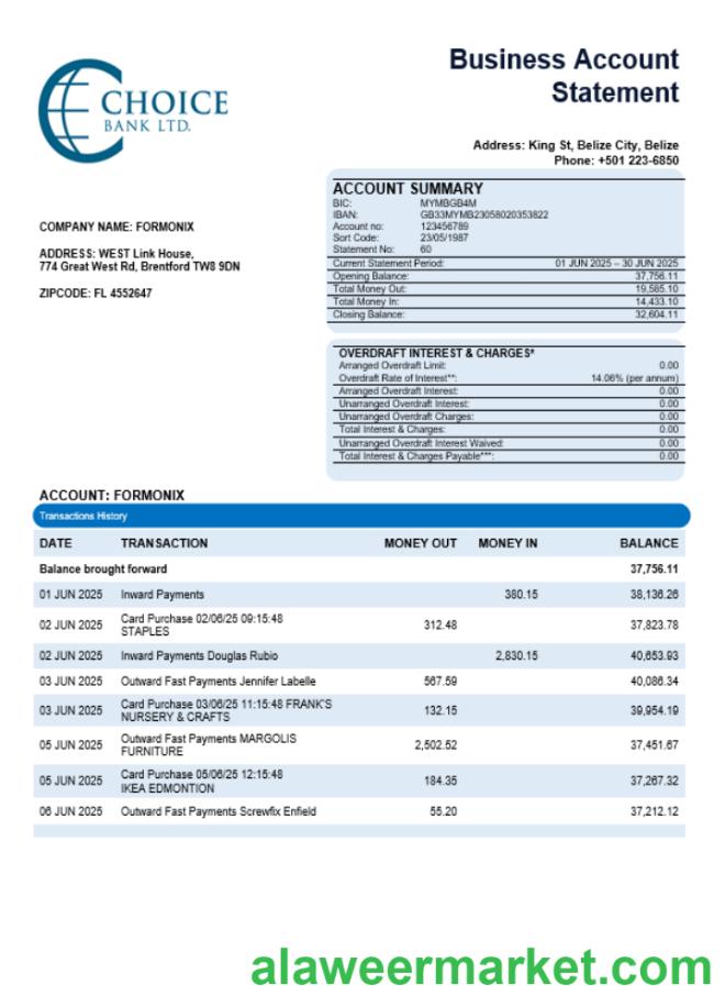 Choice Bank business firm statement Word and PDF format